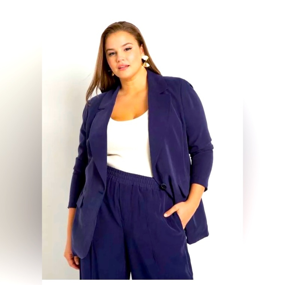 New! Eloquii Long Line One-Button Blazer in Evening Blue